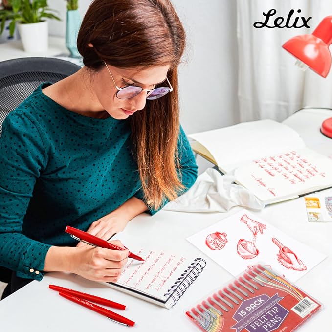 Lelix Felt Tip Pens, 15 Red Pack, 0.7mm Medium Point, Felt Tip Markers Pens for Journaling, Writing, Note Taking, Planner, Perfect for School Office and Art Supplies