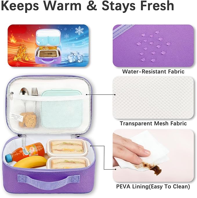 FlowFly Kids Lunch box Insulated Soft Bag Mini Cooler Back to School Thermal Meal Tote Kit for Girls, Boys, Purple