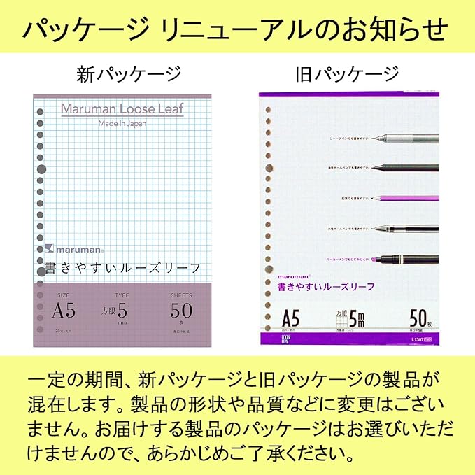 Maruman L1307 Loose Leaf A5 Square 0.2 inch (5 mm), 50 Sheets Set, 5 Pieces