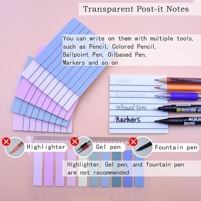 YOUDEFUL 800Pcs Transparent Sticky Notes, 3"x3" Clear Sticky Notes with Lined, Waterproof Translucent Sticky Note Pads for Books Annotation, Clear Post it Notes for Bible Study, School, Office