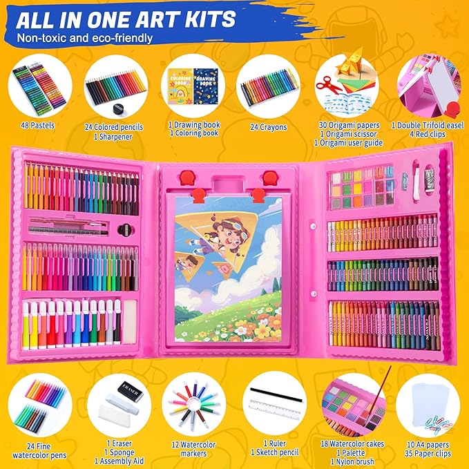 All in One Art Supplies, Art Kit Includes Origami & Paper-Cutting Crafts, Easel, Colored Pencils, Crayons, Drawing Book, Coloring Book, Watercolor Markers and More, Art Set for Kids Girls Boys, Pink