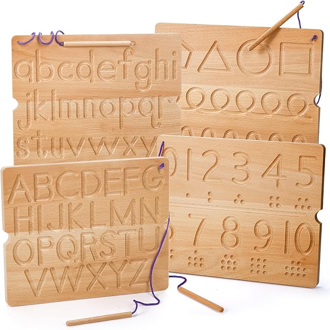 Number & Letter Tracing Board, Portable Wooden Alphabet Learning Sensory Pad Board Montessori Toys for Kids Age 3-5, Double Sided Writing Tools for Beginner Preschool Classroom 3+ Years Old