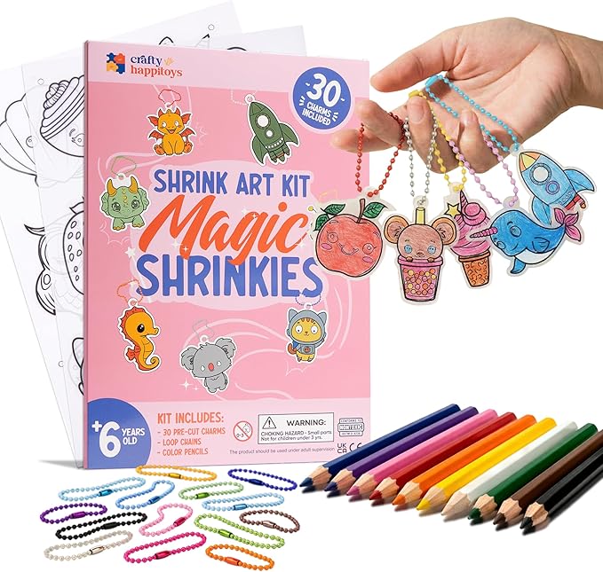 CRAFTY HAPPITOYS Shrink Art Sheets - Craft Kit for Kids - Art and Craft for Kids - Shrink Plastic Sheets with 30 Pre Cut Charms - DIY Jewelry Making - Keychain Activity - Shrinky Kit 70pc