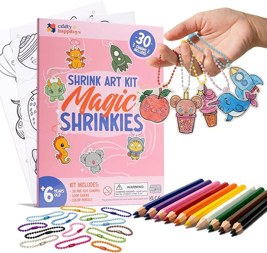 CRAFTY HAPPITOYS Shrink Art Sheets - Craft Kit for Kids - Art and Craft for Kids - Shrink Plastic Sheets with 30 Pre Cut Charms - DIY Jewelry Making - Keychain Activity - Shrinky Kit 70pc