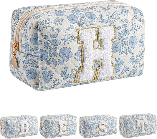 JOVAKIT Alphabet Makeup Bag Cosmetic Bag for Women, Christmas Gifts for Girls Age 6-18, Floral Flowers Coquette Travel Toiletry Zipper Make Up Pouch Organizer Trendy Stuff (Blue Floral H)