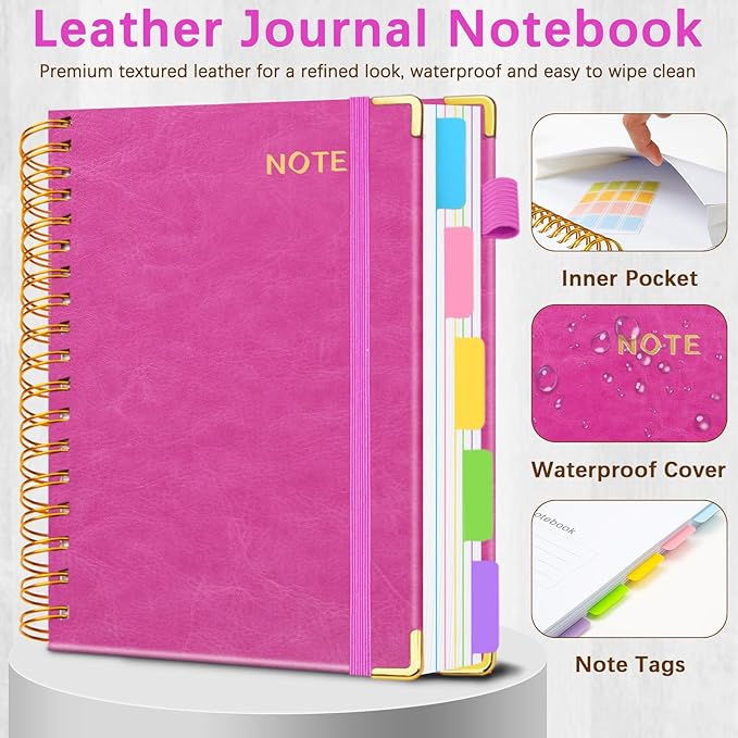 Hardcover Spiral Notebooks for Work 6.2"x 8.2", 300 Pages 5 Subject Notebook with Dividers & Tabs, A5 Spiral Journal for Women, College Ruled Notebook for School Note-Taking (Rose Purple)