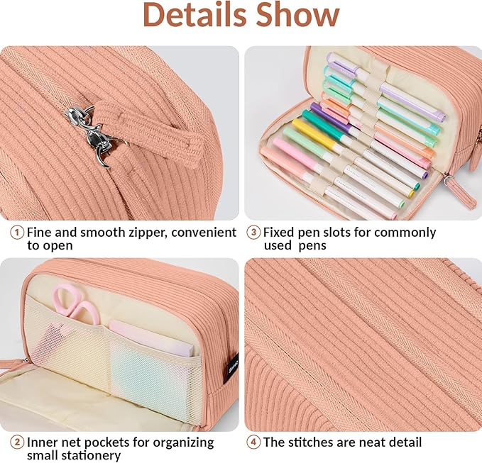 Sooez Big Capacity Pencil Case Pen Pouch, Soft Corduroy Pencil Bag with 3 Compartment, Multiple Pockets, Sturdy Zipper, Cute School Supplies Pen Bag Organizer For Teen Girls College-Orange