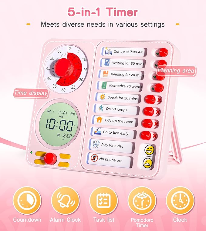 3-in-1 Visual Timer Task Timer with Chore Chart Board, ADHD Tool for Kids Adults Visual Schedule for Kids with Autism, Daily Checklist for Home, School, Classroom, Desk, Chore Chart