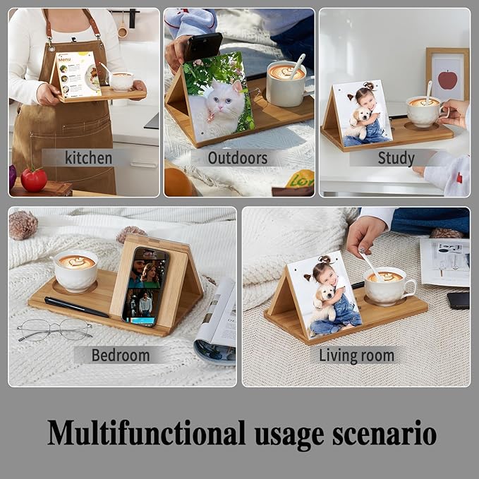 Bamboo Book Holder, Triangle Book Holder Stand with Acrylic Picture Frame, Book Rest with Cup Holder, Tablet and Kindle Stand, Book Lovers Gifts, Bookish Gifts, Bamboo Book Rest Stand
