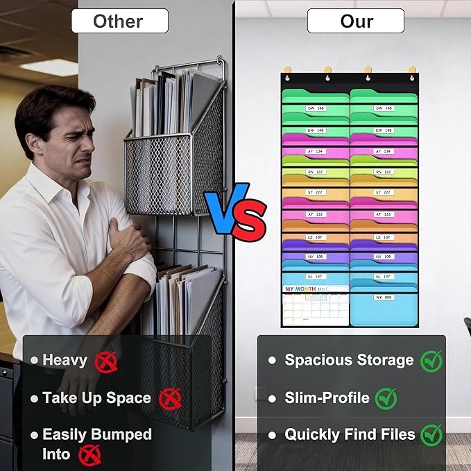 ABCxGOOD 20 Pockets Hanging Wall File Organizer, Transparent Clear Pockets Storage Chart with Over Door Hooks for Office, Classroom & Home, File Folder & Paper Organizer, Includes Labels (20 Pockets)