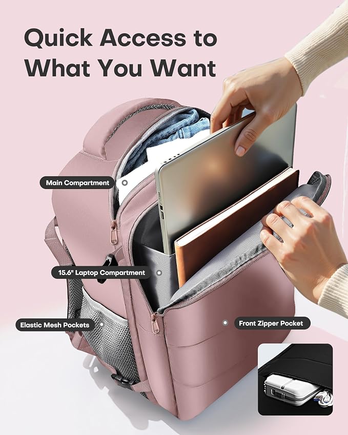 HOTOR Travel Backpack Flight Approved Bag Men Women, Medium Pink | TSA Carry on Luggage, 15.6inch Laptop, Casual Daypack Travel Essentials Nurse Bag for Work, Business, Weekender, College