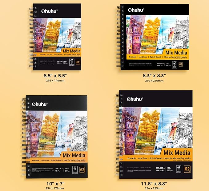 Ohuhu Mix Media Pad, 8.3" x 8.3" Mixed Media Art Sketchbook, 120 lb/200 GSM Heavyweight Papers, 62 Sheets/124 Pages, Spiral Bound Mix Media Paper Pad for Acrylic, Painting, Christmas Gift