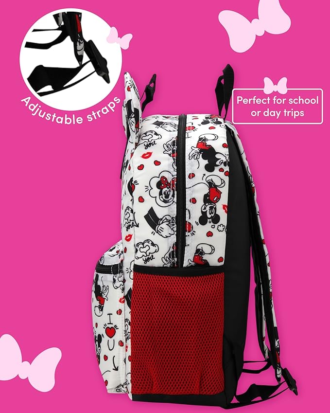 Fast Forward Minnie Mouse Kids Backpack - 16 Inch Bookbag Elementary Backpack for School Girls & Boys with Adjustable Padded Straps, Minnie Bow White