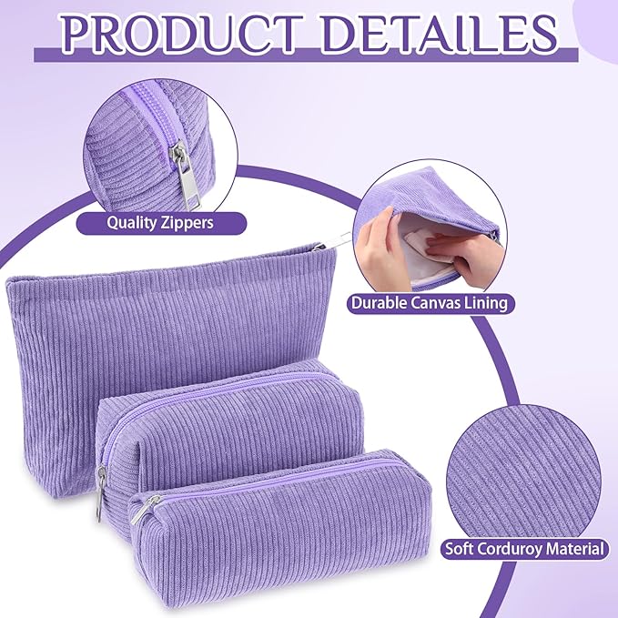 Huhumy 3 Pcs Makeup Bag Set for Women Corduroy Cosmetic Pouch Aesthetic Smile Travel Toiletry Bag Cute Purse Pouch Pencil Case Makeup Brushes Storage Organizer with Zipper(Purple,Solid Style)