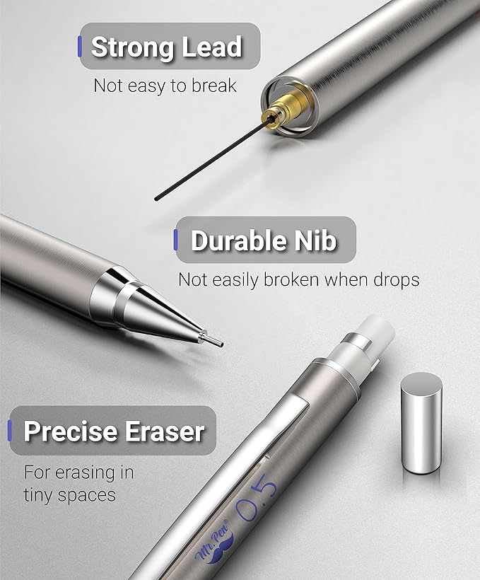 Mr. Pen- Metal Mechanical Pencil Set with Lead Refills & Erasers, 2 Pack, 0.5mm, 4x Tubes 2B Lead Refill, 4x Eraser Refills for School Supplies, Note Taking, Drawing, Sketching, Office