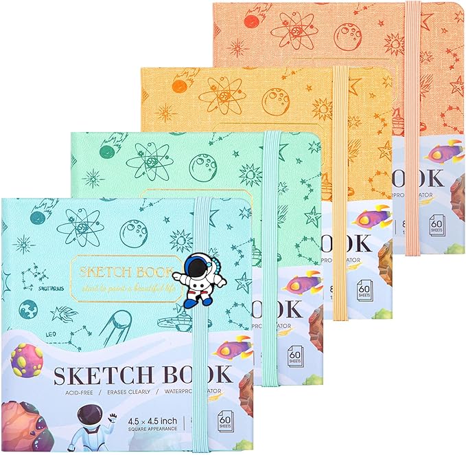 FLYING EAGLE 4 Pack Mini Sketch Books for Kids 4.5"x4.5" Cute Hardcover Sketchbook for Drawing 120GSM Thick Paper, Art Drawing Paper 120 Pages Sketch Pad for Boys Girls Teens,Gift Boxed