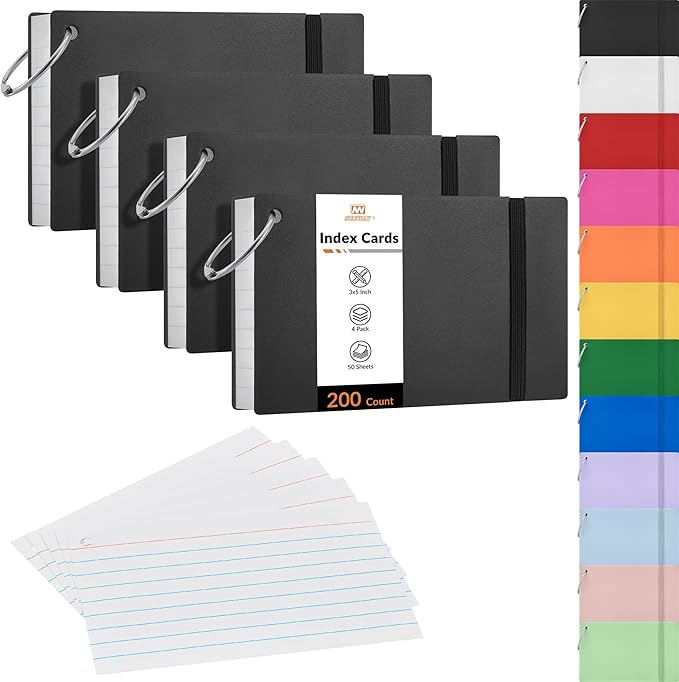 NEEWAY Ruled Index Cards with Ring 3x5 Inches, 200 Count Note Cards Lined, Flash Cards with Rings for Studying, Home and Office (Black)