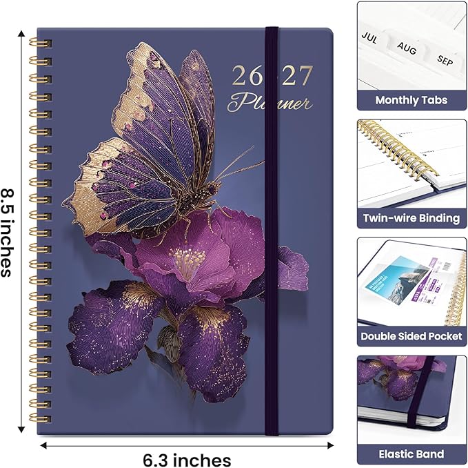 Planner 2026-2027, Academic Year Weekly and Monthly Calender Planner, from Jul 2026 - Jun 2027, Spiral Bound School Planning Book, Perfect for Teacher, Student, Women & Men, A5 (6.3" x 8.5"), Royal Flutter