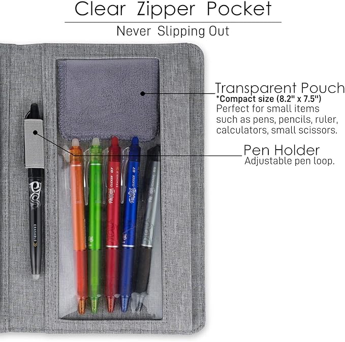 Folio Cover Compatible with Rocketbook Fusion, Everlast, Wave, Multi Organizer with Pen Loop, Zipper Pocket, Business Card Holder, Waterproof Fabric, Executive Size, Gray
