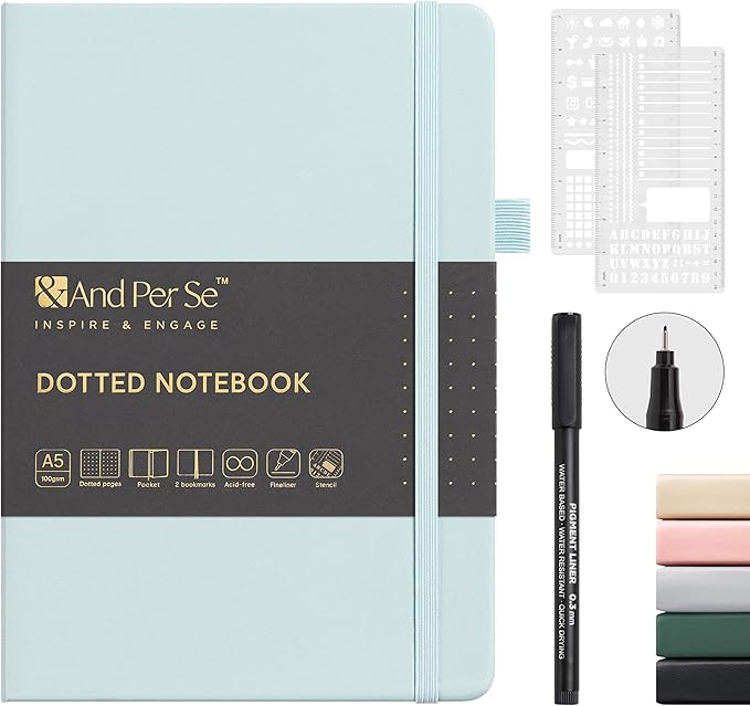&And Per Se Dotted Notebook, A5 Hardcover with Journal Dotted Pages, Journal Stencils & Pen, 176 Numbered Pages for Beginners Women Men (Cyan)