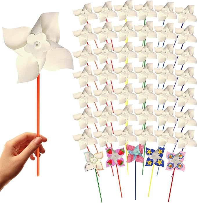 4E's Novelty 24 Pack DIY Pinwheels Craft for Kids, Bulk Summer Pinwheel Craft Kit, Color Your Own Paper Windmill for Pinwheels for Kids Bulk July 4 Craft for Kids Art Games