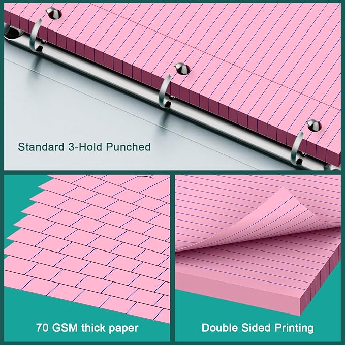 Pink Note Pads 8 X 10.5 Loose Leaf Paper, 120Sheets, 3 Hole Punched Lined Paper, College Ruled 8 X 10.5 Notebooks, 10-1/2" X 8 Binder Writing Pads, Filler Paper for Office, School Supplies