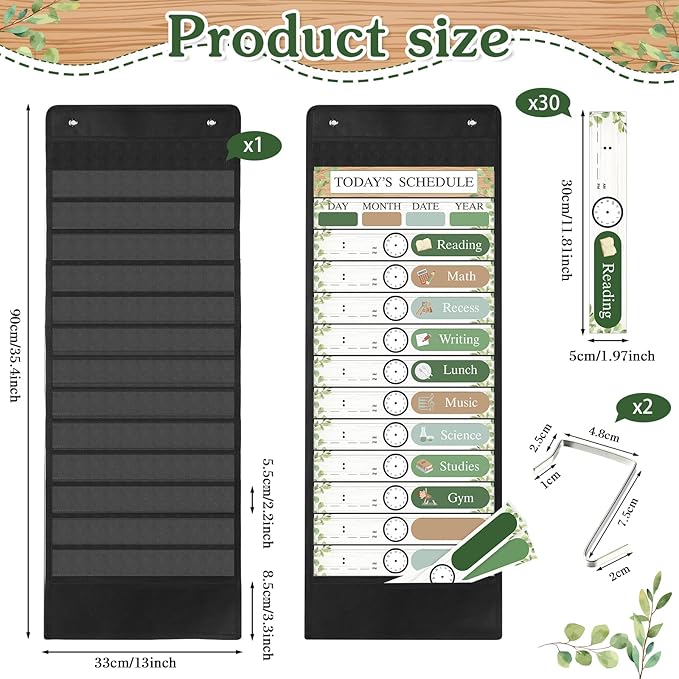 Pasimy Daily Schedule Pocket Chart with 31 Reusable Cards and 14 Pockets Classroom Decor Farmhouse Schedule Charts for School Office Home Educational Activity (Greenery)