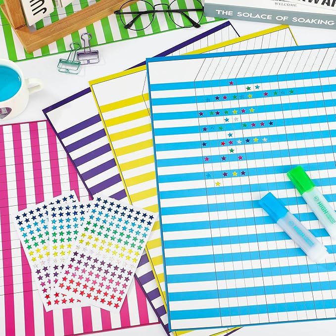 8 Pack Colorful Dry Erase Incentive Chart Multi-Color Classroom Laminated Dry Erase Reward Chore Charts with 1350 Reward Star Stickers for School Attendance Homework Progress Tracking, 13" x 17"