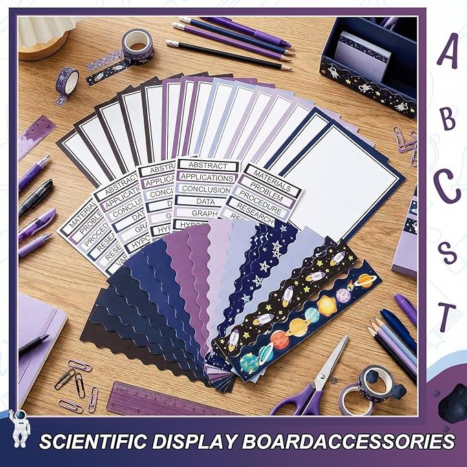 Fuyoooo 90 Pcs Science Fair Board Supplies 60 Trim Scalloped Bulletin Borders 24 Presentation Board Subtitles 6 Science Fair Titles for Classroom Display Boards(Space)
