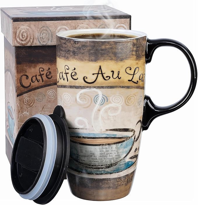 Topadorn 17oz Ceramic Travel Mug with Lid, Vintage Café Au Lait Coffee Cup, Spill Proof Microwave & Dishwasher Safe Mug, Gift Box Included