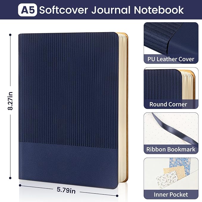 Dotted Journal Notebook Soft Cover PU Leather Journaling Notebooks for Women Men Writing Work Office School 160 Pages 100 GSM Thick Paper A5 Dotted 80 Sheets 5.79"x8.27", Dark Blue