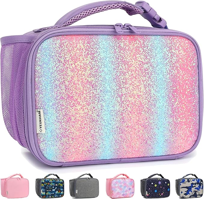 GYEUKHAM Insulated Lunch Box for School, Thermal Reusable Durable Freezable Lunch Bags for Kids Boys Girls Men Women - Small Soft Cooler Portable Lunch Tote Kit for Work Picnic Travel,Purple Glitter