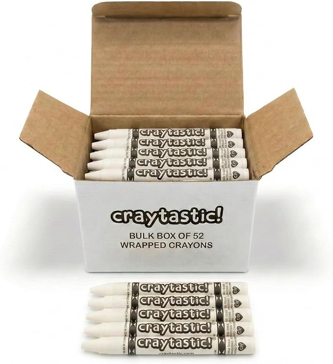 Craytastic! Bulk Wrapped Crayons Box of 52 (White) for Crafting, Parties, Kids - Paper Wrapped - Safety Tested Compliant with ASTM D-4236
