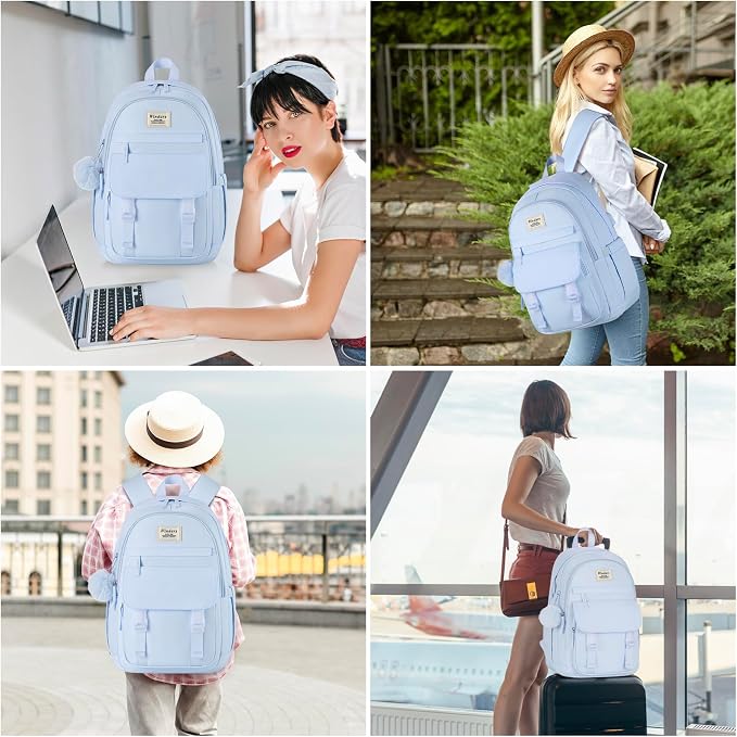 WINDARS School Backpack with Lunch Box for Teen Girls, Cute College Backpacks for Women Students Aesthetic Bookbag Large 15.6 Inch Laptop Bag Middle School Travel Back Pack (Blue-3 Pcs)
