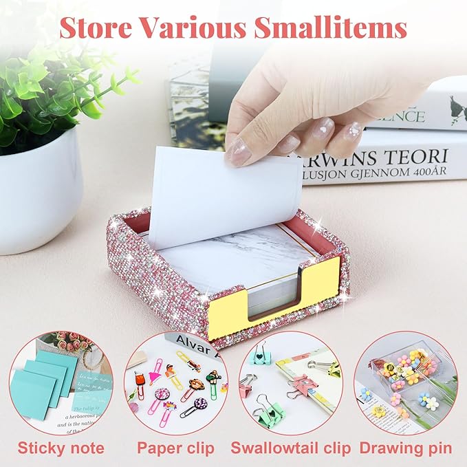Buqoo Pink Sticky Note Holder, Bling Crystal Rhinestone Self Stick Note Pad Holder Dispenser for School Home Office Desk Accessories Supplies