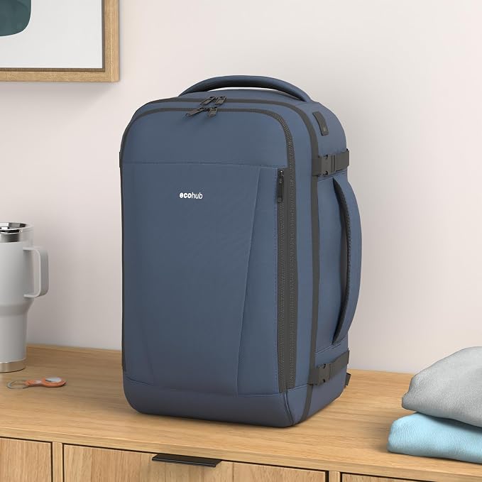 ECOHUB Travel Backpack 18x14x8 Frontier Airlines Personal Item Bag Blue | Carry On Backpack with 13 Pockets, Casual Daypack for Men Women Airline Approved Water Resistant Back pack with Charging Port