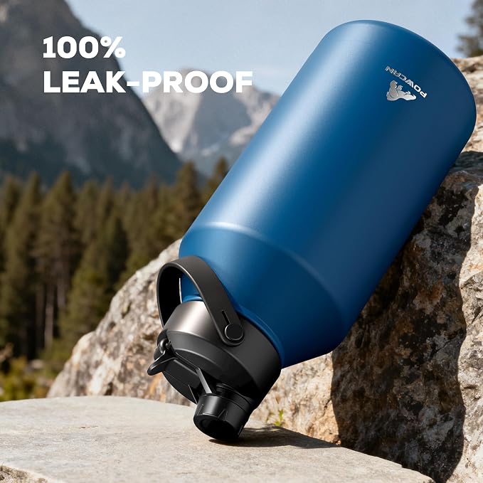 POWCAN 64 oz Insulated Water Bottle with 2-in-1 Straw Spout Lid, Leakproof, Carrier Bag, Shoulder Strap, Keep Cold 48H, Half Gallon Stainless Steel Water Jug for Men, Sports, Camping, Fitness (Indigo)