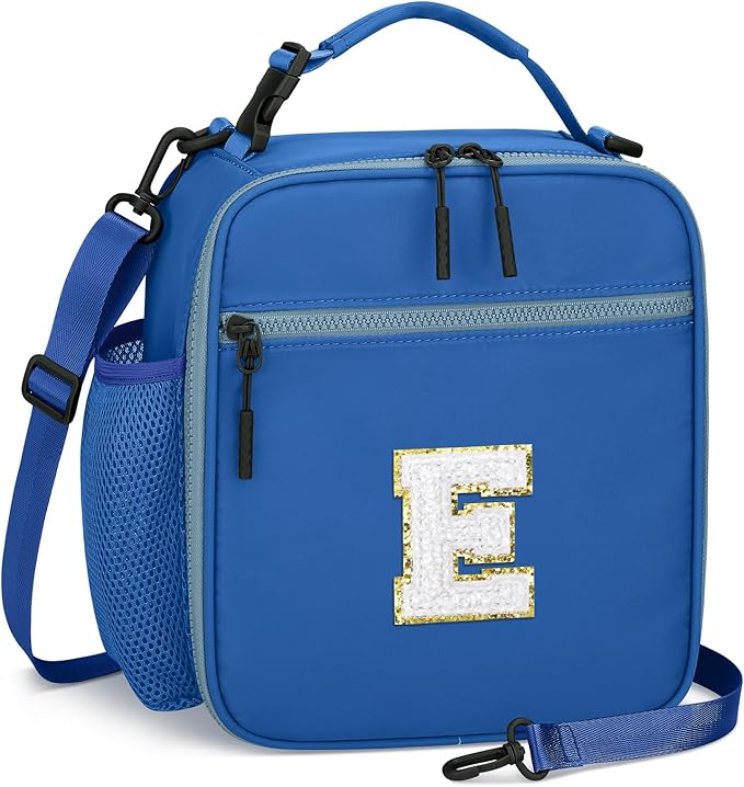 Initial Insulated Lunch Bag for Boys Kids, Back to School Gift, Reusable Leak-proof Lunch Box with Adjustable Strap for School Daycare Travel Picnic（Blue，E）