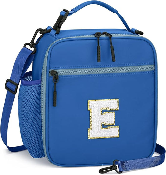 Initial Insulated Lunch Bag for Boys Kids, Back to School Gift, Reusable Leak-proof Lunch Box with Adjustable Strap for School Daycare Travel Picnic（Blue，E）