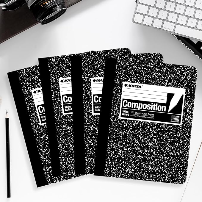 KAISA Hard Cover Composition Notebooks Wide Ruled 100 Sheets, 9.75x7.5inche Classic Black Marble Type, 20pads/Carton, HC10001W