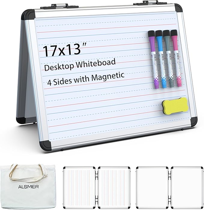 Dry Erase Board, 17x13 inch with 4 Sides Magnetic Whiteboard, A3 Foldable Small White Board with Lines, Perfect for Office, School, and Home. (Silver)