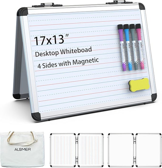 Dry Erase Board, 17x13 inch with 4 Sides Magnetic Whiteboard, A3 Foldable Small White Board with Lines, Perfect for Office, School, and Home. (Silver)