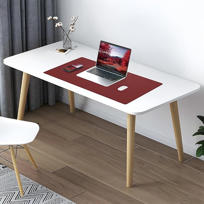 AFIING Leather Desk Pad Protector, Large Mouse Pad, Dual-Sided PU Leather & Natural Cork Desk Mat, Non-Slip Waterproof Laptop Desk Blotter for Office and Home, 23.6" x 13.7", Red