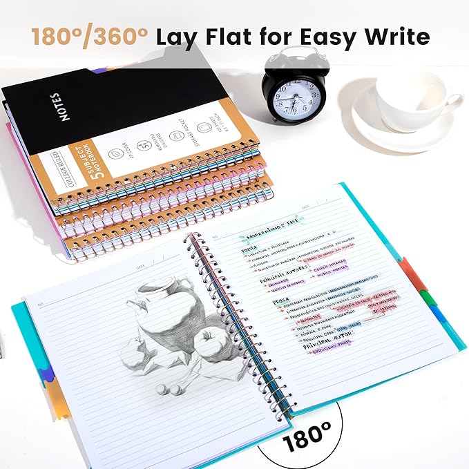 CAGIE Spiral Notebooks for School Work with Removable Dividers Tabs, 8.5” x 11” 5 Subject Notebook College Ruled, Large Lined Journaling Notebook for Women Men Writing, Black