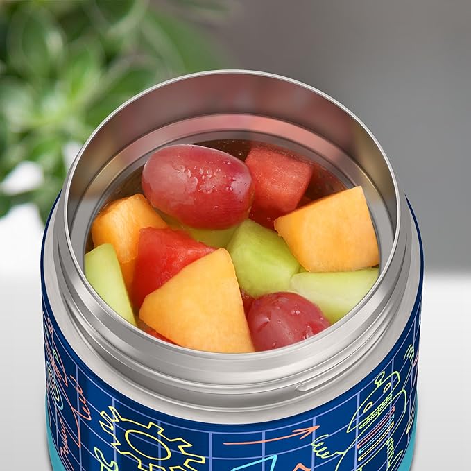 THERMOS FUNTAINER Insulated Food Jar, 10 Ounce, Kid Friendly Food Jar with Foldable Spoon, Robot Doodles