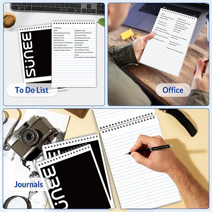SUNEE 10 Pack Steno Pads 6x9, Gregg Rule, 60 Sheets, Spiral Notebook 6x9, White Paper, Take Notes with Top Spiral Notebook, for School, University, College, Work, Office, Black