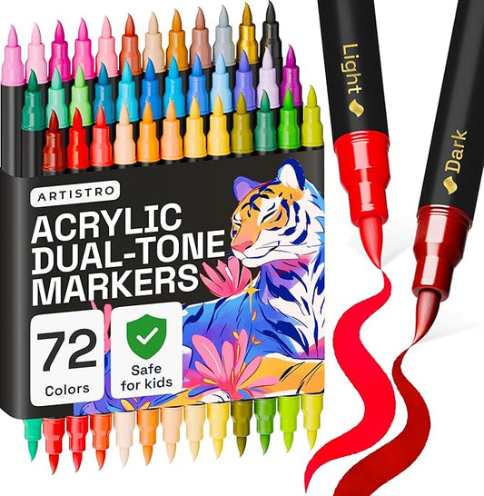 ARTISTRO Paint Markers 72 Colors - Acrylic Pens for Rock, Glass, Fabric, DIY - Art Supplies - 36 Dual Brush Tip Markers