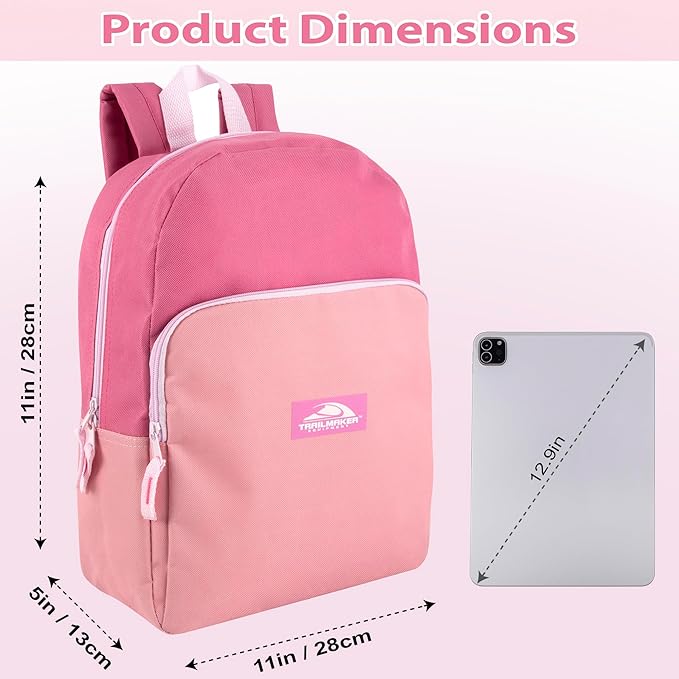 Trail maker 15 Inch Backpack for Girls, Preschool, Elementary & Middle School Students – Spacious Bookbag with Large Front Pocket, Adjustable Straps, Fits up to 13 Inch Laptop (Pink)