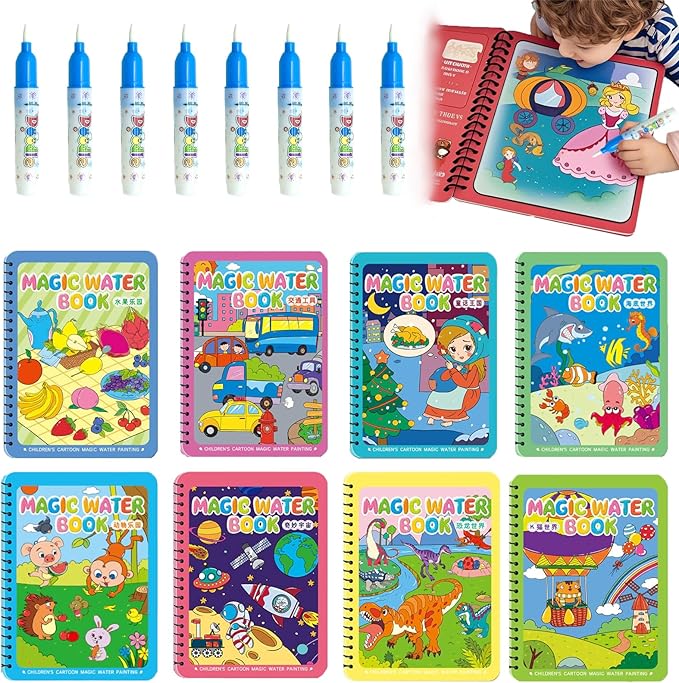 NYXTOB 8pcs Magic Water Book, Magic Water Painting Book, Paint with Water Books for Toddlers 1-3, 8 Painting Themes