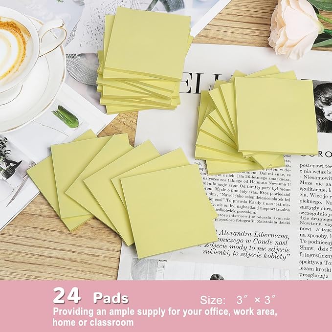 (24 Pack) Sticky Notes 3x3 in Yellow, Sticky Pads, Clean Removal, Recyclable, Self-Stick Pads, Easy to Post for Home, Office, Notebook